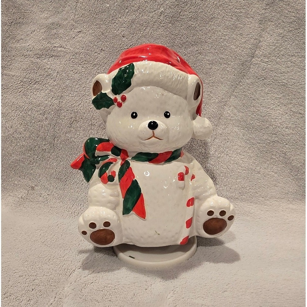 Vintage 1983 RGB Ceramic Christmas Bear Santa Hat Wind Up Music Box Figurine